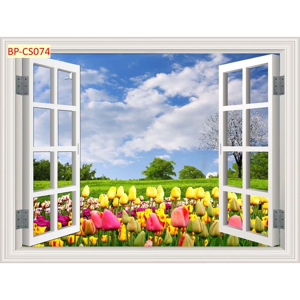 Tranh dán tường cửa sổ view vườn hoa, biển xanh cát trắng dành cho phòng ngủ, phòng khách sang trọng