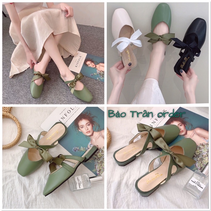 Sục nữ đế bệt 1cm phối nơ mũi vuông chất da mềm mại, êm chân thoáng mát