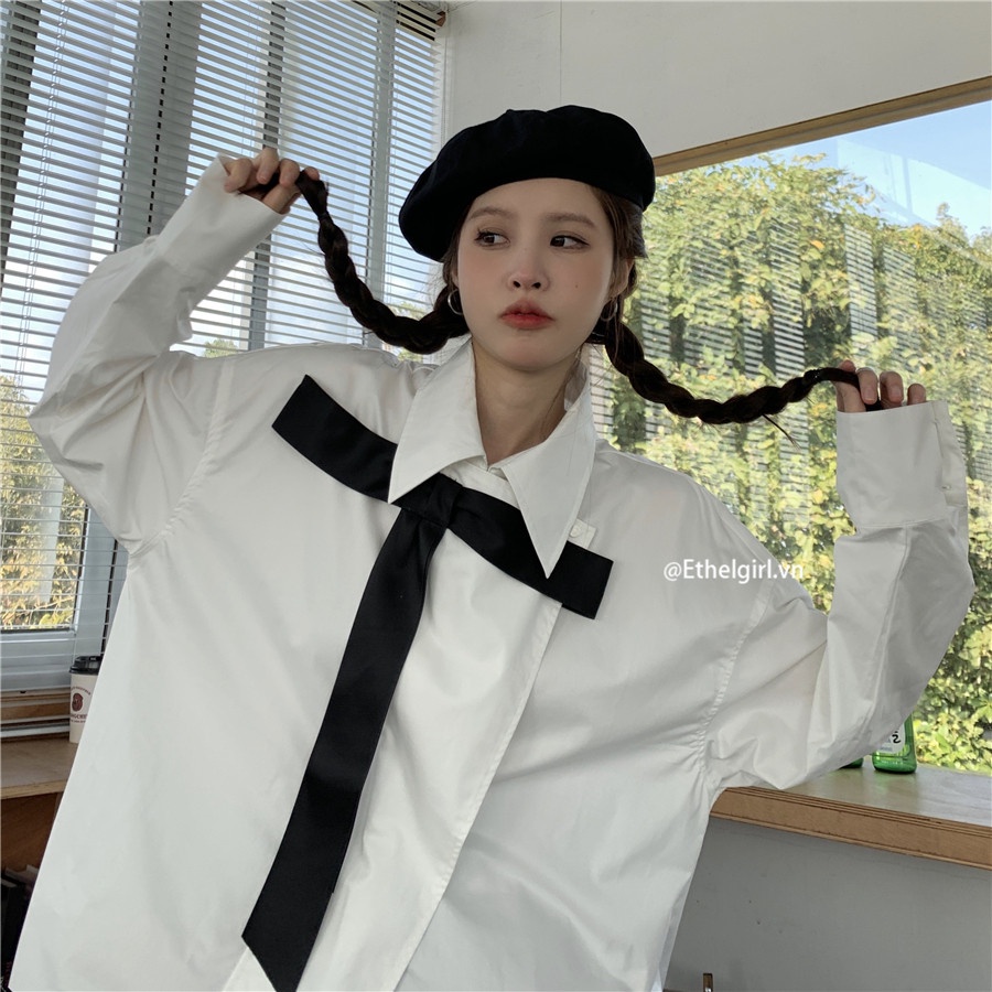 Áo Sơ Mi Tay Dài Dáng Rộng Cổ Thắt Nơ Thời Trang Cho Nữ