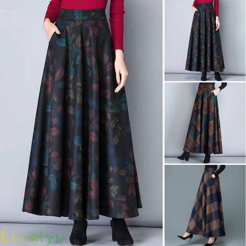 Chân váy nữ eo cao dáng rộng xếp ly họa tiết in phong cách retro