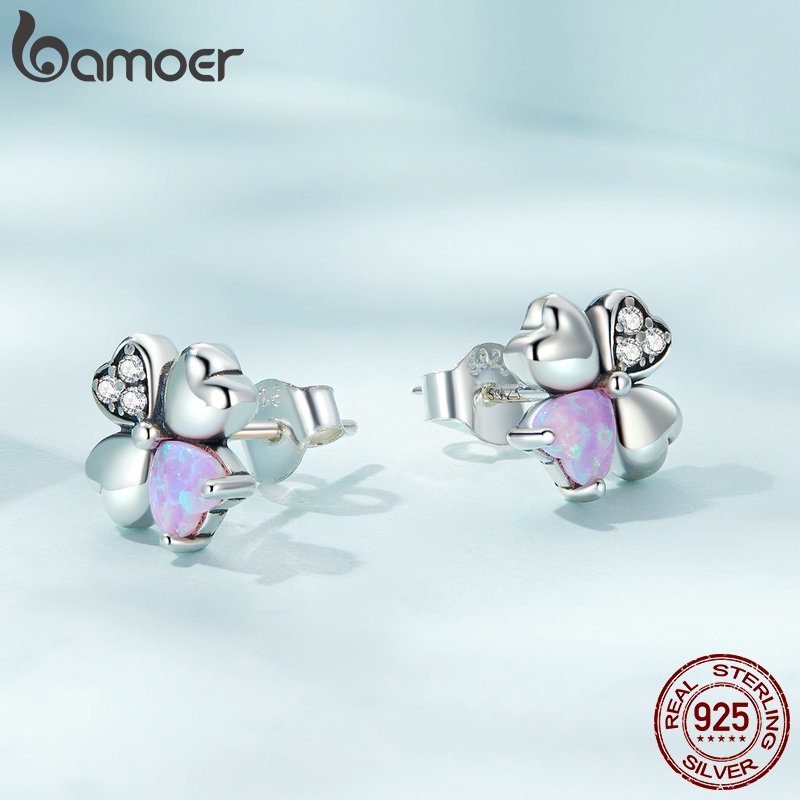 Bông tai Bamoer xi bạc 925 mặt hình cỏ bốn lá nhiều màu sắc