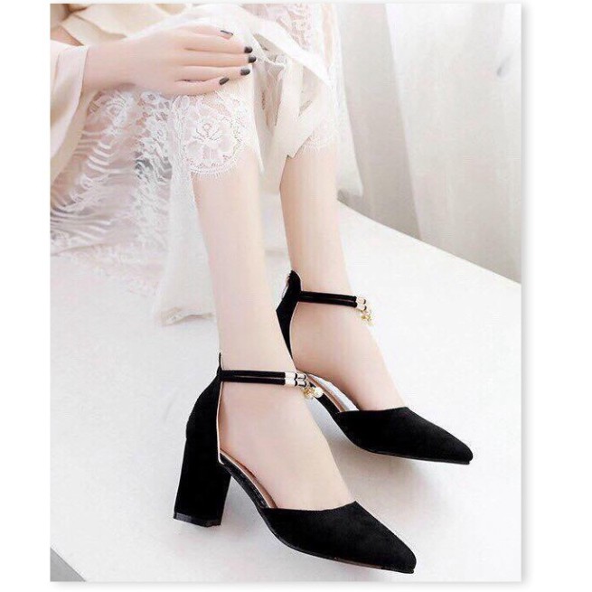 Giày cao gót 7cm đen vo-ng đeo ha-t châu Tặng Kèm Nước Hoa