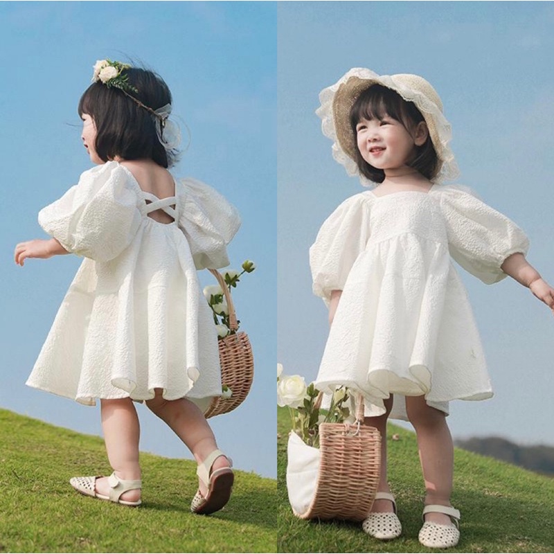 Váy Trắng Công Chúa Thiết kế tay bồng cho bé 9-22kg❤️ chất liệu đũi xốp siêu mềm mịn