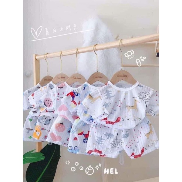 Bộ cotton giấy cộc tay cài vai cho bé trai bé gái sơ sinh từ 3-22kg hàng đẹp, giao màu ngẫu nhiên