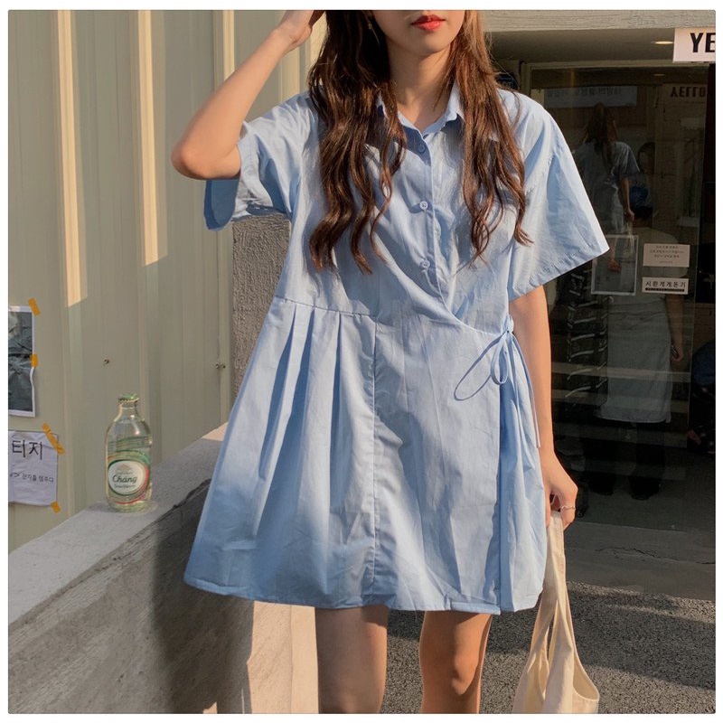 Đầm Sơ Mi Baby Doll Buộc Nơ Eo Be Trắng Xanh - Váy Cài Cúc Cổ Bẻ Thắt Dây Hông 4 Màu