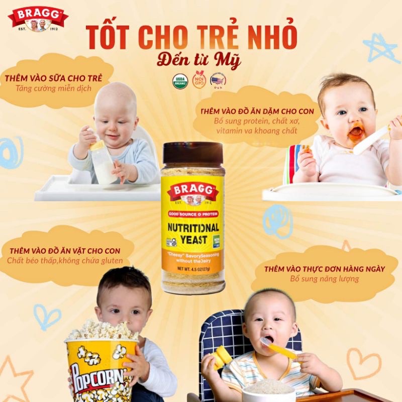 Men dinh dưỡng Bragg 127g Mỹ cho bé ăn dặm, người ăn chay