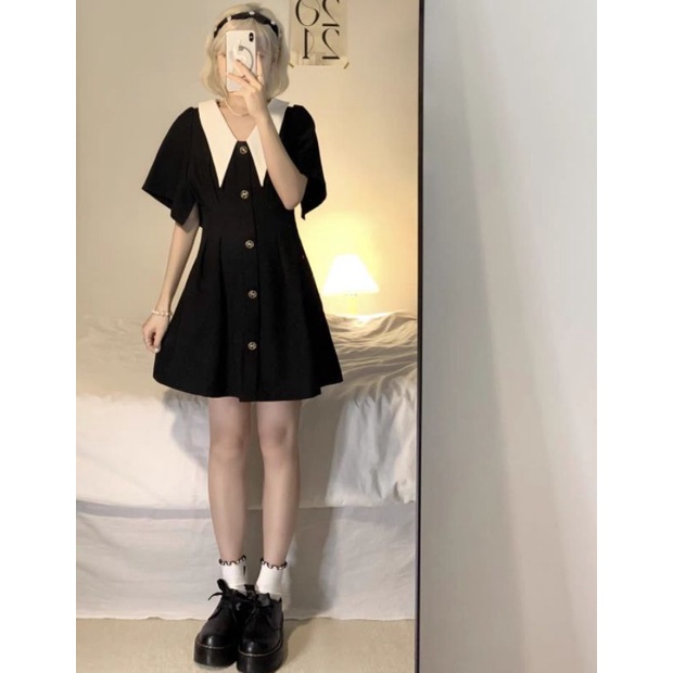 Đầm đen xòe dự tiệc phối cổ sen khuy trắng phong cách ulzzang  đi chơi đi làm by hanadress