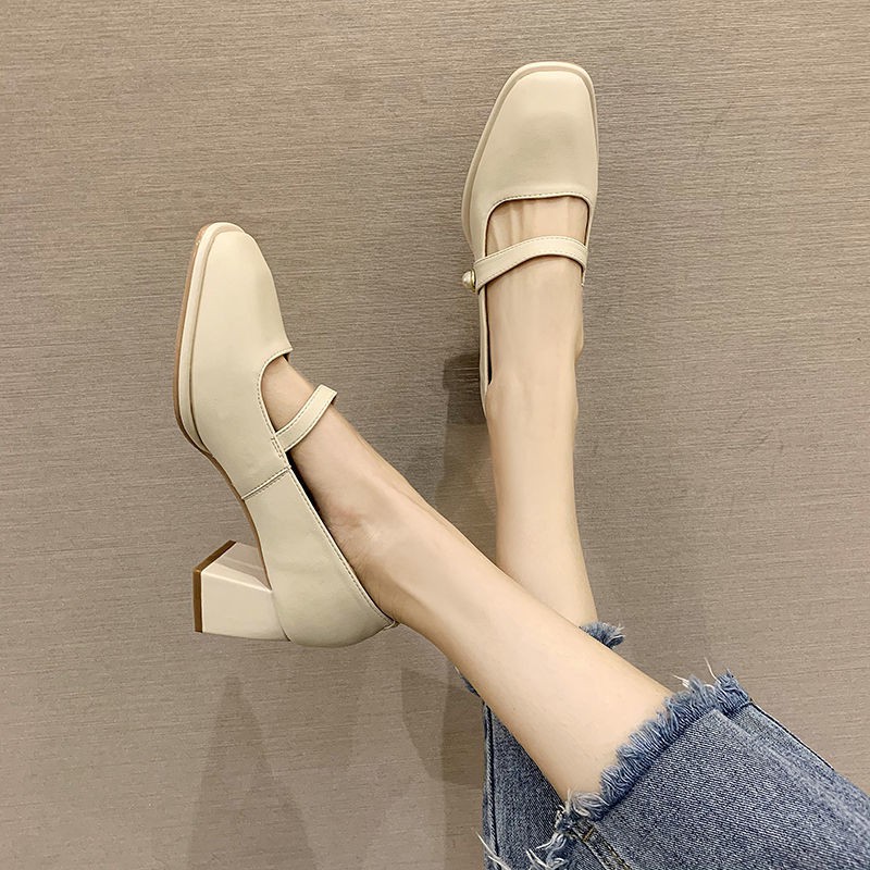 Giày Cao Gót Mũi Vuông Phong Cách Retro Pháp 2021 Dành Cho Nữ