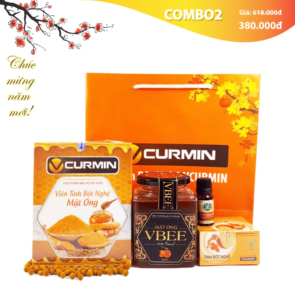 COMBO2: Viên tinh nghệ mật ong VCURMIN 150g + 1 hộp tinh bột nghệ VCURMIN 100g + 1 mật ong VBEE 500ml (4 sản phẩm)