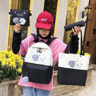 Balo thời trang set 4 món hình hai chú chó dễ thương, Balo Đi Học Kèm Túi Xách Combo 4 in 1 vải kaki