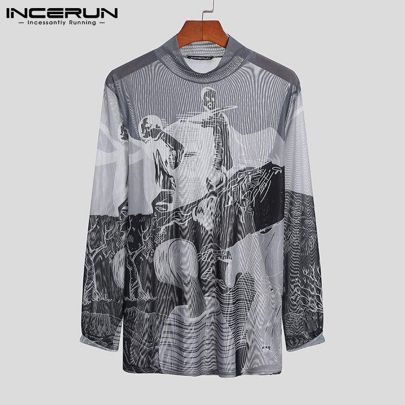 Áo INCERUN tay dài co giãn xuyên thấu ôm dáng in họa tiết thời trang dành cho nam