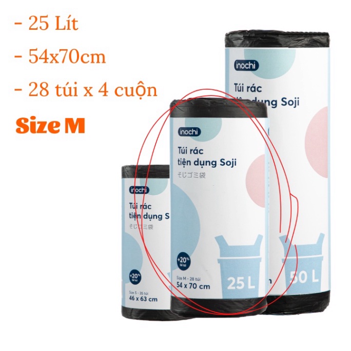 Túi đựng rác tự phân hủy có quai Inochi Soji Nhật Bản, cuộn bao bọc bịch, nilong đựng rác màu và đen
