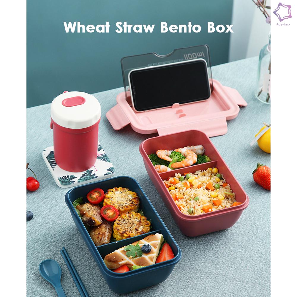 Bento Box Leak-proof Bento Lunch Box Meal Prep Containers Eco-Friendly Wheat Straw Lunch Box Kit with Chopsticks & 2 in 1 Spoon Knife