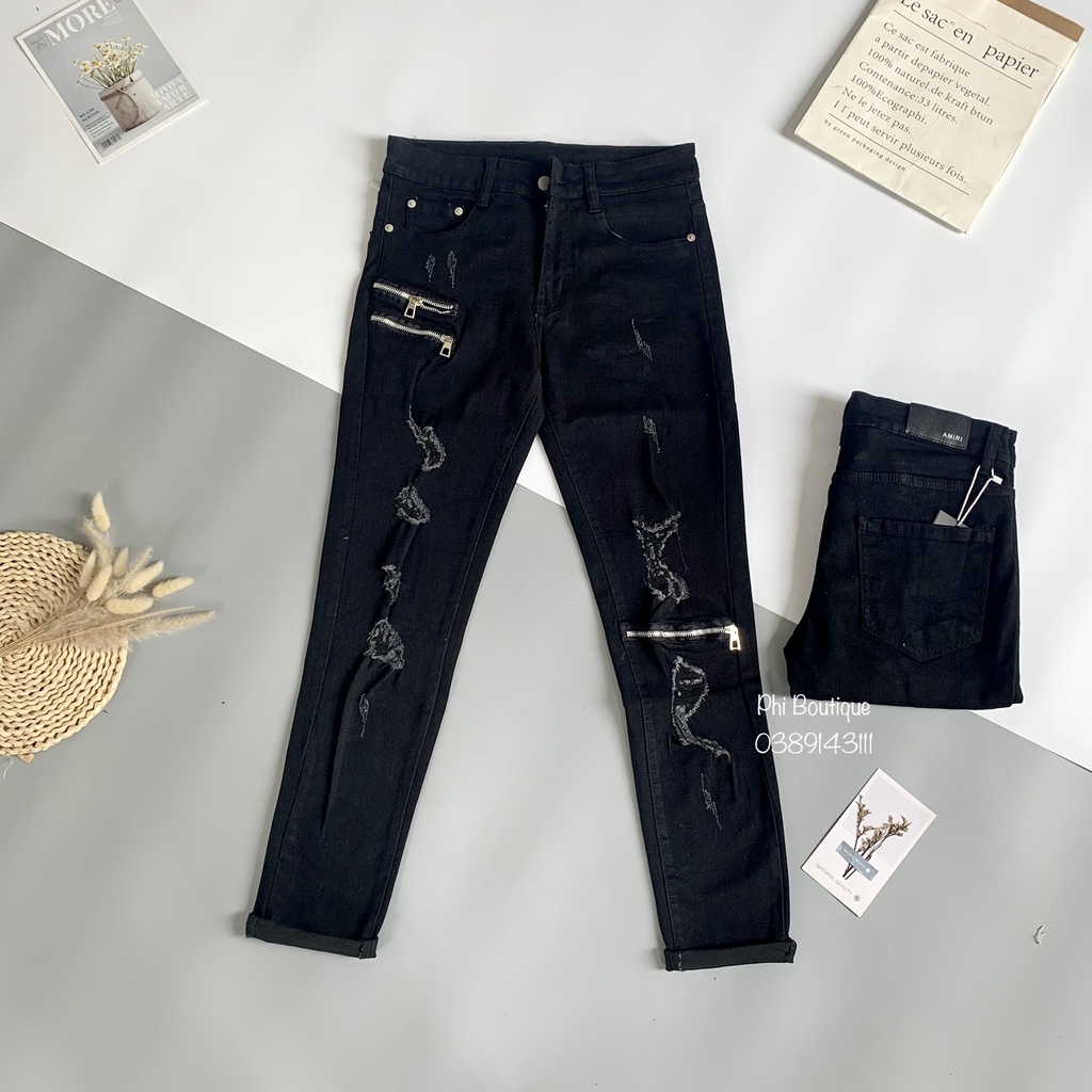 Quần jean bò nam Amiri slimfit đen rách xước thêu khoá zip đùi gối phong cách boy phố