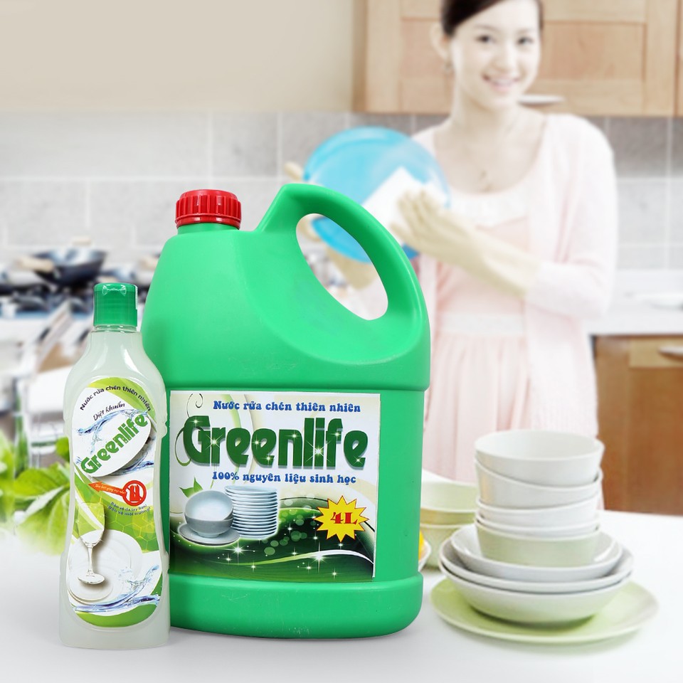 Nước rửa chén nguyên liệu sinh học Greenlife không mùi can 4l, Nước rửa chén Greenlife an toàn cho tay của bạn