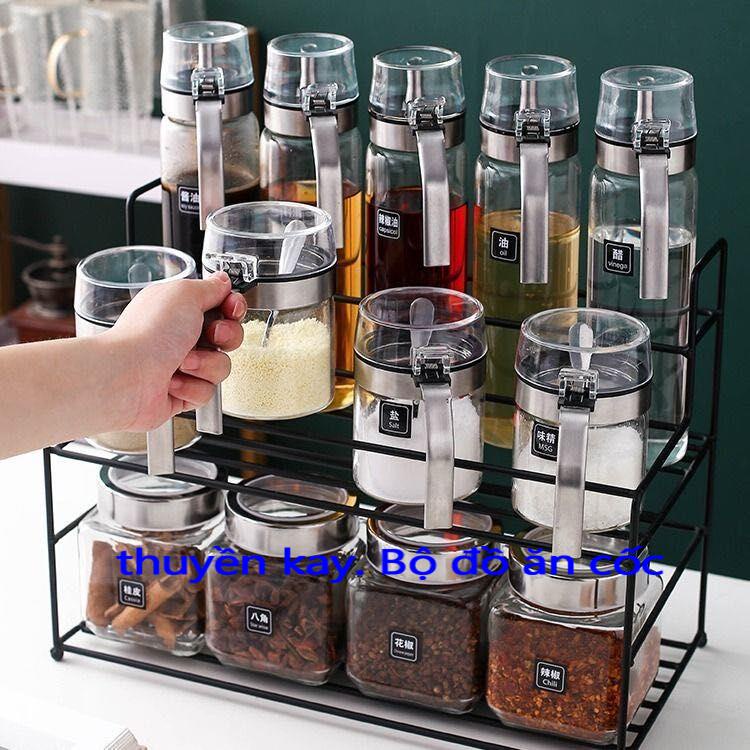 Lọ gia vị dầu muối Hũ thủy tinh Bộ đựng nước mắm dấm Hộp lớn có kệ