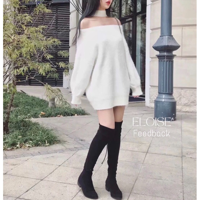 Áo len trễ vai lông thỏ tiểu thư choker trắng oversize loại 1-video thật | BigBuy360 - bigbuy360.vn