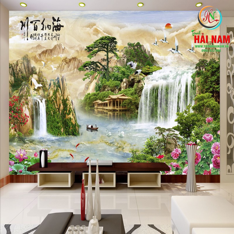Tranh dán tường 3D thác nước - Vải lụa phủ kim sa