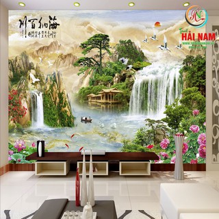 Tranh dán tường 3D thác nước - Vải lụa phủ kim sa