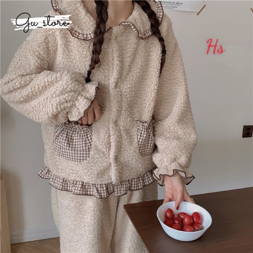Bộ ngủ lông viền caro nâu - Bộ đồ ngủ mùa đông mặ nhà siêu ấm form rộng nam nữ unisex giá rẻ ulzzang mã 722