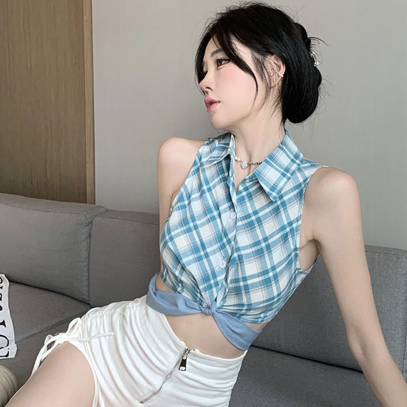 Áo sát nách ngắn IELGY họa tiết sọc caro phong cách retro thời trang cho nữ