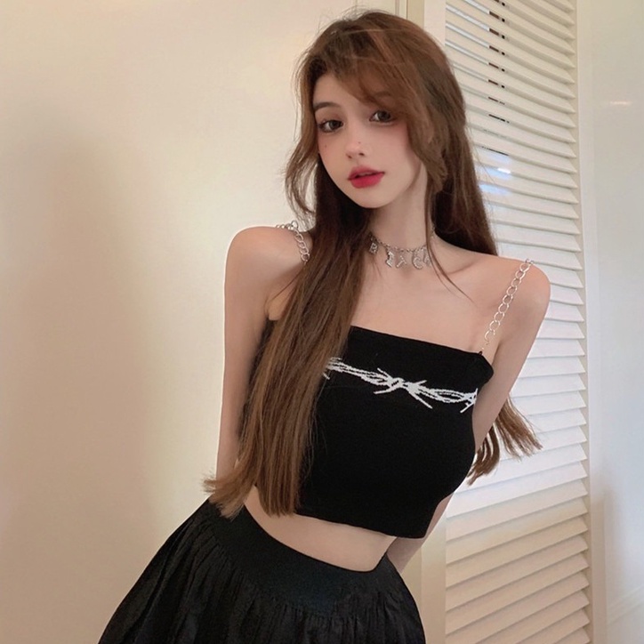 Áo Dệt Kim Hai Dây In Họa Tiết Xinh Xắn Dành Cho Nữ