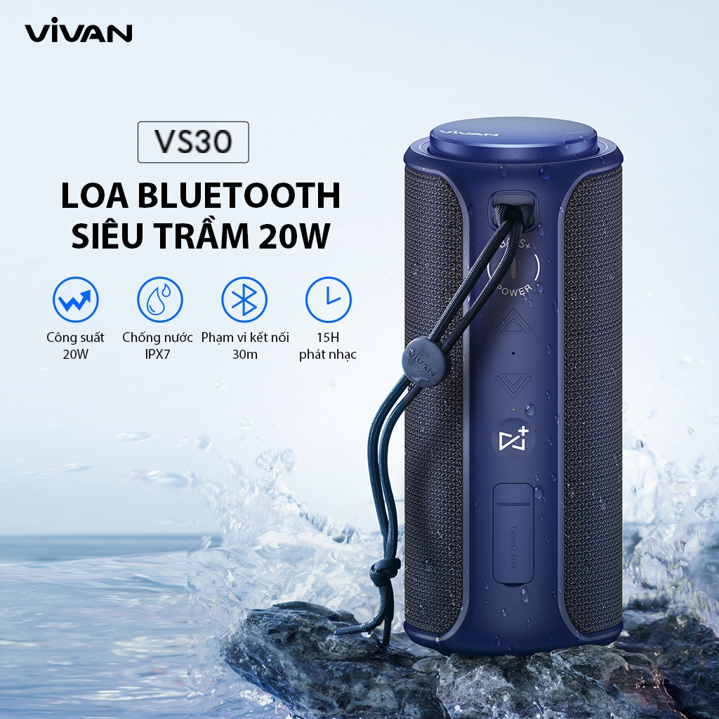 Loa Bluetooth 5.0 VIVAN VS30 Hi-Fi Công Suất 20W - Chống Nước IPX7 - Hỗ Trợ Kết Nối Cổng AUX/Bluetooth