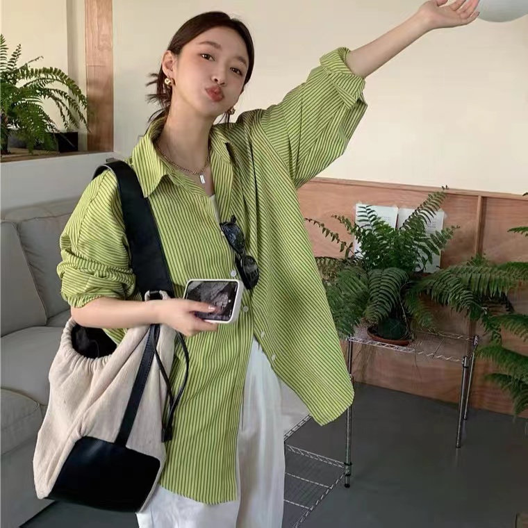 Áo sơ mi SUXI tay dài dáng rộng họa tiết kẻ sọc thời trang mùa hè cho nữ