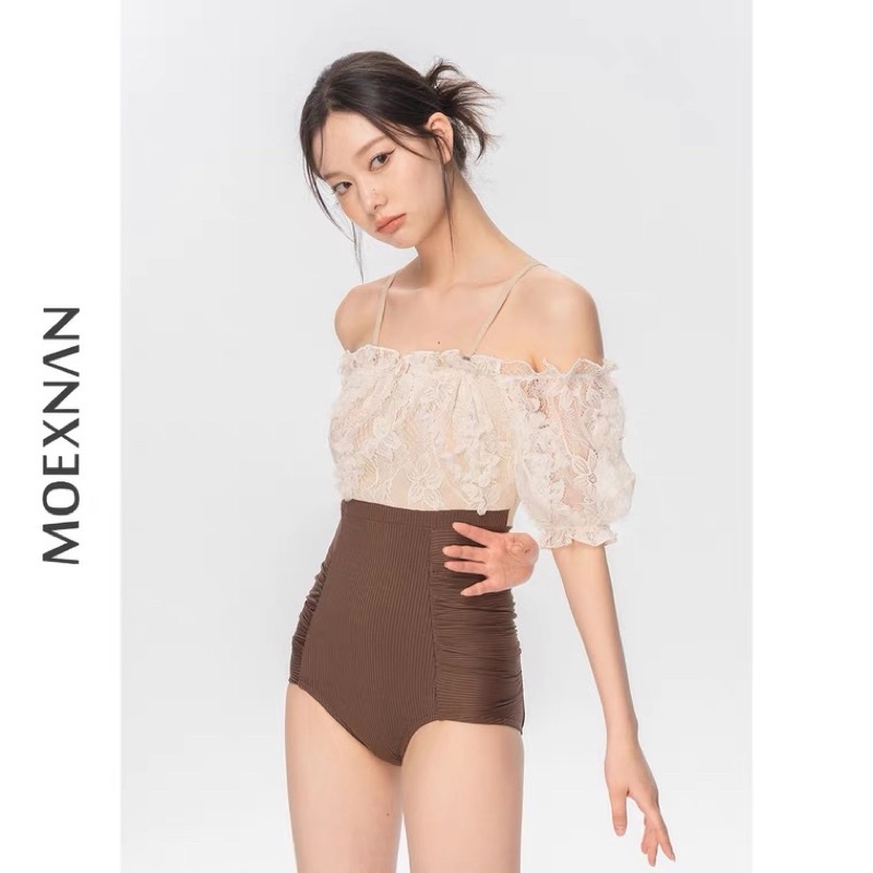 Bikini một mảnh Hàn Quốc, monokini công chúa áo ren hở vai gợi cảm, quần nâu tây thiết kế  che bụng