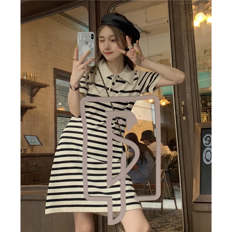 váy xuông cổ polo thun sọc đen ngang đơn giản trẻ trung màu nude trắng da - đầm váy nữ mặc đi học đi chơi đi làm