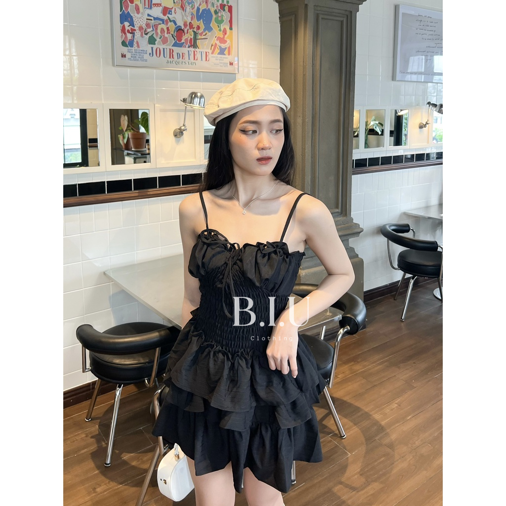 Đầm dây viền bèo ngực nhún eo dây cột nhiều kiểu form ngắn xếp tầng xòe BIU Clothing BB0029