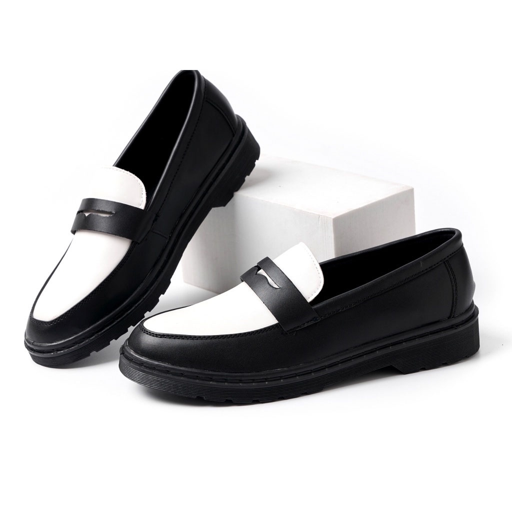 Giày Tây Lười Penny Loafer Black White Da Không Nhăn GN1085 Mandd