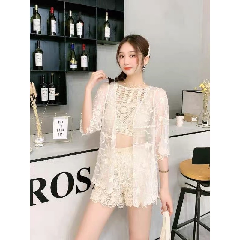 set biển - set 3 món - bra kiểu cổ yếm + quần ren hoạ tiết vây cá + choàng ren hoa nhỏ (có tách rời)