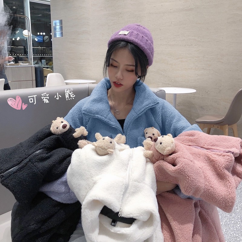 Áo khoác bông gấu ulzzang cute lông cừu phiên bản 2022, Áo khoác nỉ bông nhiều màu