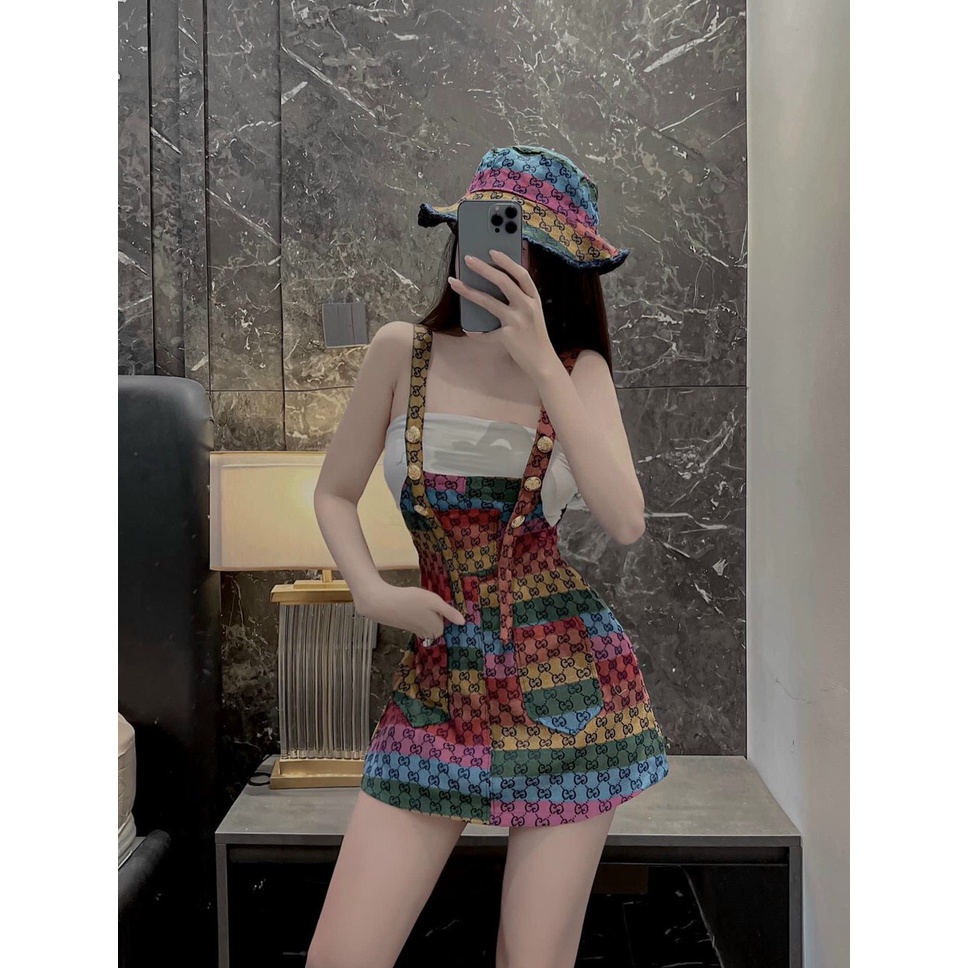 [9.9 Sales Freeship] Set yếm váy kaki nữ in họa tiết kèm áo ống trắng, set yếm váy phối túi dạo phố trẻ trung, cá tính