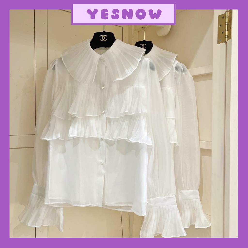 Áo sơ mi nữ công sở dài tay màu trắng đi học sinh cổ bèo-nhiều tầng dáng rộng - Áo sơ mi vintage- Yesnow