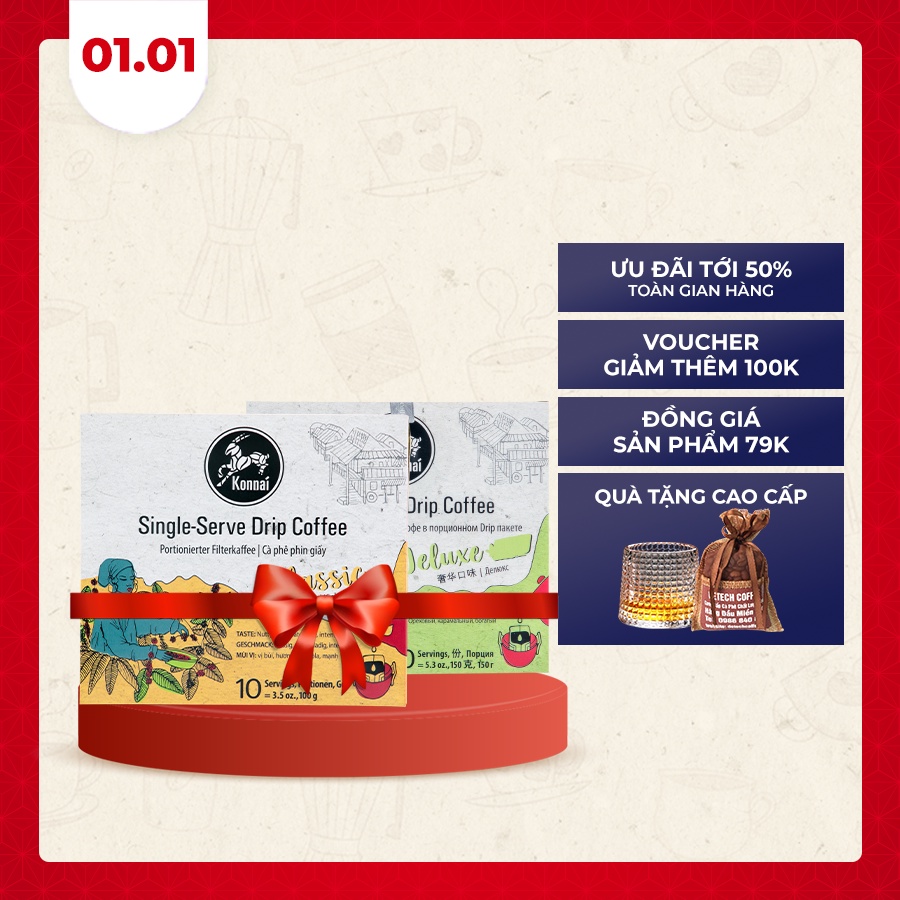 Combo 2 hộp cà phê phin giấy nguyên chất Konnai Coffee pha chế tiện lợi 100% Arabica Konnai Coffee phù hợp đi làm, đi họ