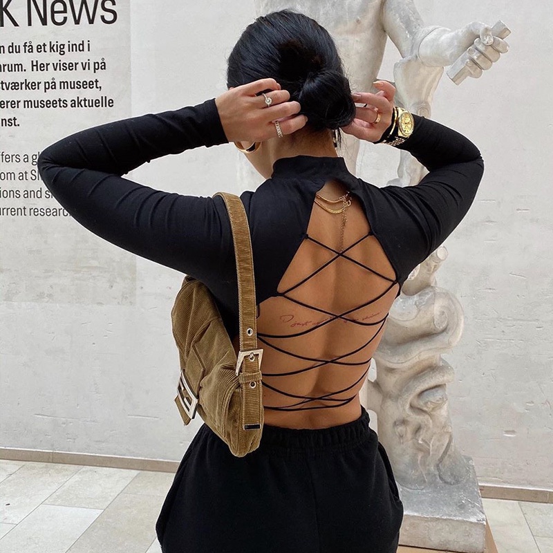 Áo thun TODOBLACK cotton tay dài hở lưng ôm dáng phong cách harajuku đường phố gợi cảm
