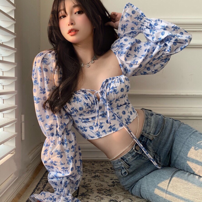 ÁO TRỄ VAI CROPTOP CỔ VUÔNG HỌA TIẾT HOA BUỘC NƠ 3 MÀU - ÁO KIỂU DÚM CHUN SAU BÁNH BÈO DÀI TAY HOT