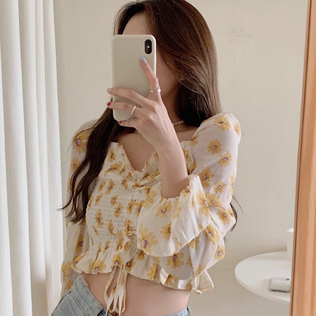 Áo voan hoa vàng croptop dài tay phồng cổ nhún (Có sẵn) | BigBuy360 - bigbuy360.vn