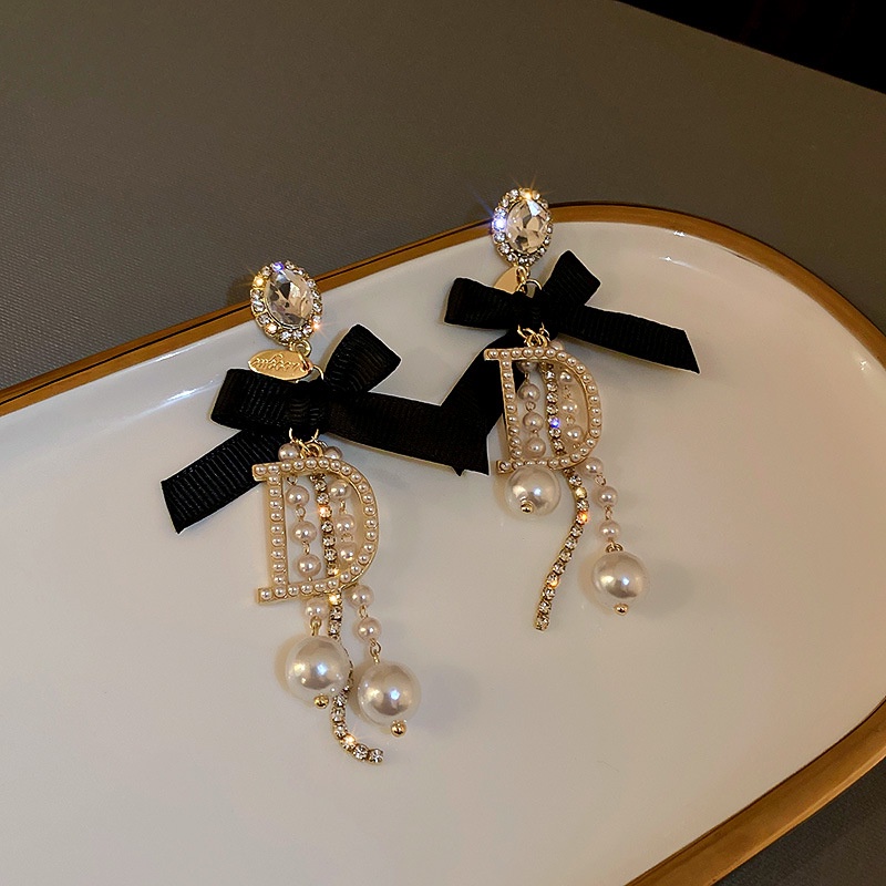 Đôi Bông Tai Dáng Dài Phối Nơ Và Ngọc Trai Thời Trang Xinh Xắn Cho Nữ