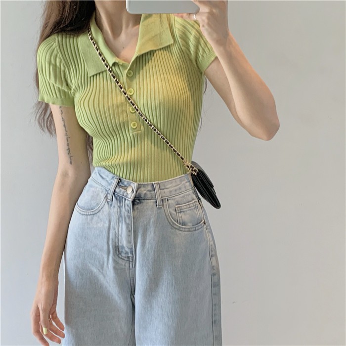 Áo dệt kim tay ngắn cổ chữ V phối nút phong cách retro Hàn Quốc