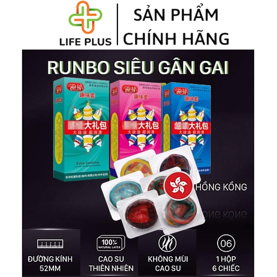 Bao cao su Runbo Gân Gai Bi Râu Tăng Thời Gian QH Nhiều Gel Bôi Trơn Hộp 6 bcs - Tặng BCS LP01 Giá 25k - Life Plus Store