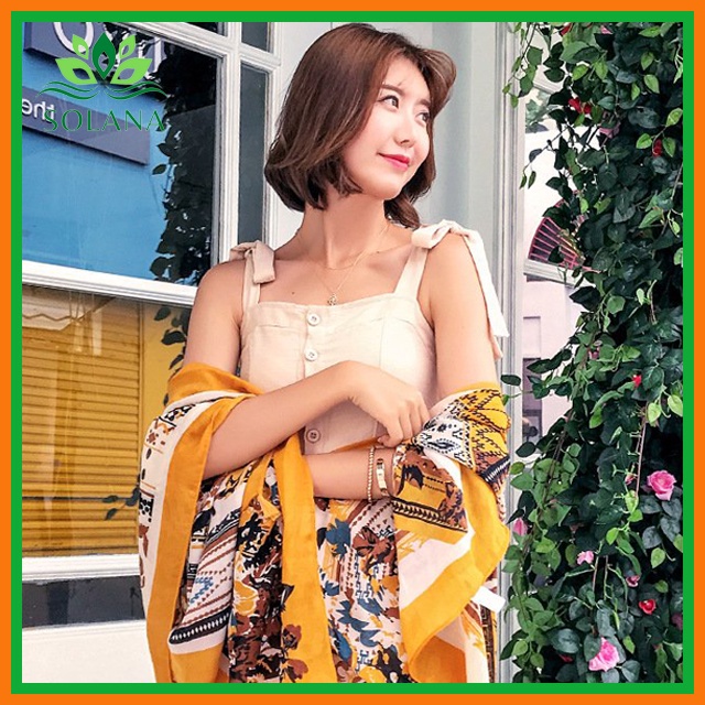 Khăn Boho Vintage Cao Cấp Vàng, Khăn Choàng Đi Biển Phong Cách, Chất Liệu Đũi Dày Dặn và Mềm SOLANA