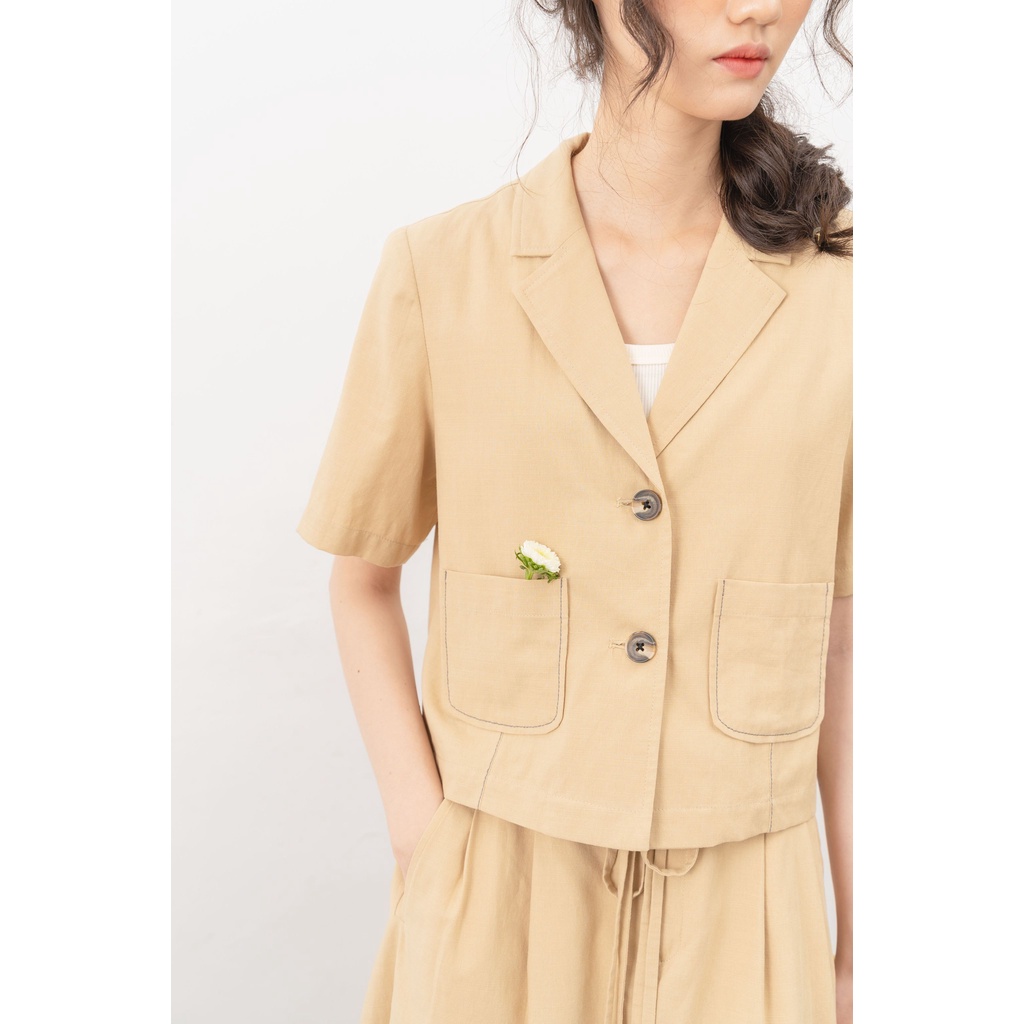 Áo blazer dáng ngắn túi ốp và chân váy mix nơ buộc xanh cốm MADELEN