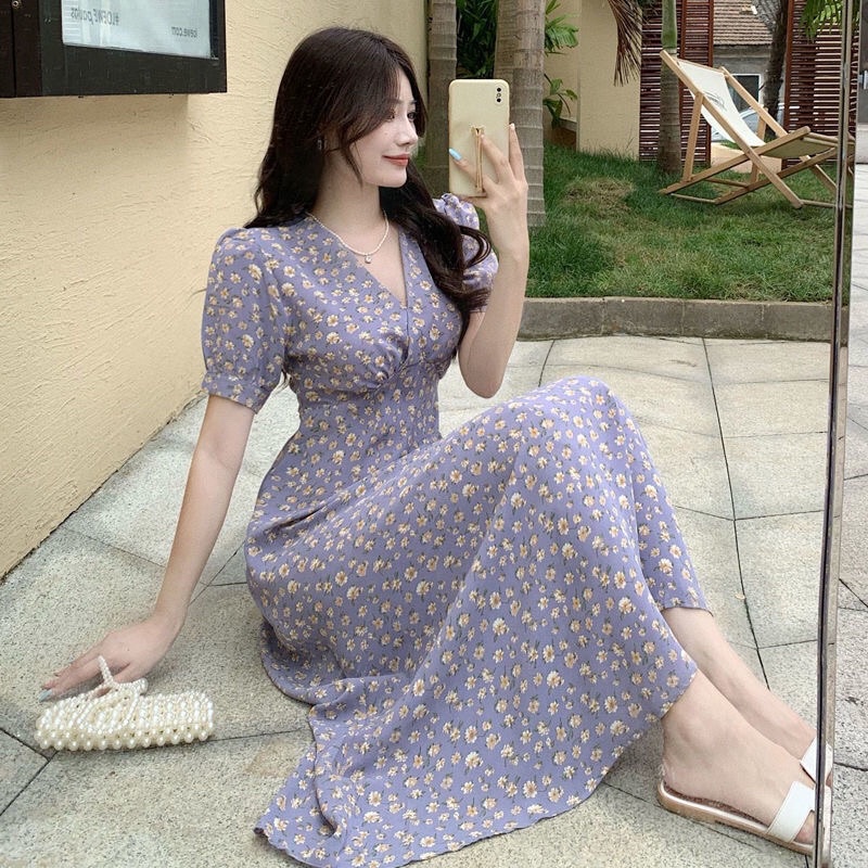 Váy hoa nhí dáng dài vingate màu tím cực hotrend