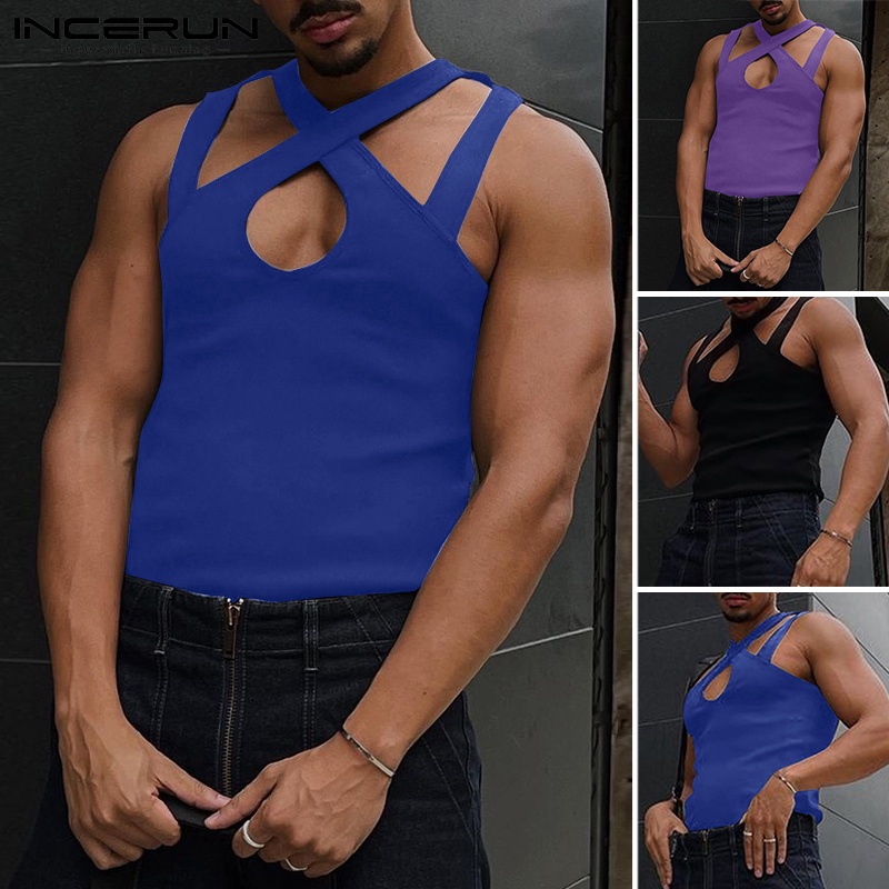 Áo tank top INCERUN không tay thiết kế chéo dây màu trơn thời trang cho nam