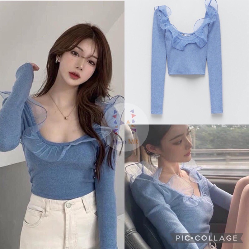 Zara Đức - Áo thun sale auth new tag cao cấp chính hãng cổ thuyền vuông organza bèo tay dài nữ xanh baby blue