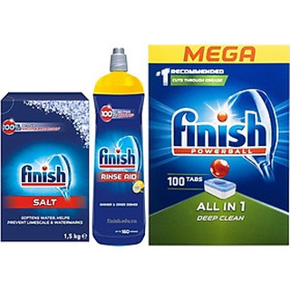 Combo Muối rửa bát Finish 1,2kg+ Viên rửa bát finish All in 1 100 viên+ Nước làm bóng Finish 400ml ( Hàng nhập khẩu )