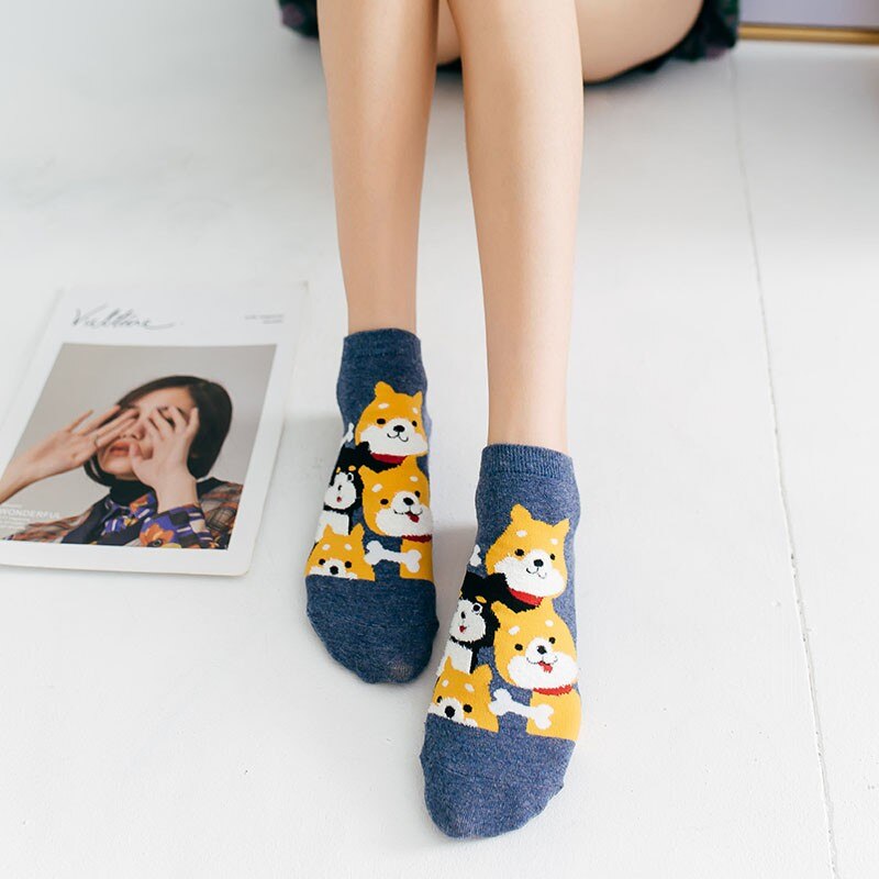 5 Pares Cute Shiba Inu Women Ankle Cotton Socks Japanese Cartoon Dogs Pattern Babae Mga Mag-aaral Kaswal Nakakatawa Masaya Maikling medyas